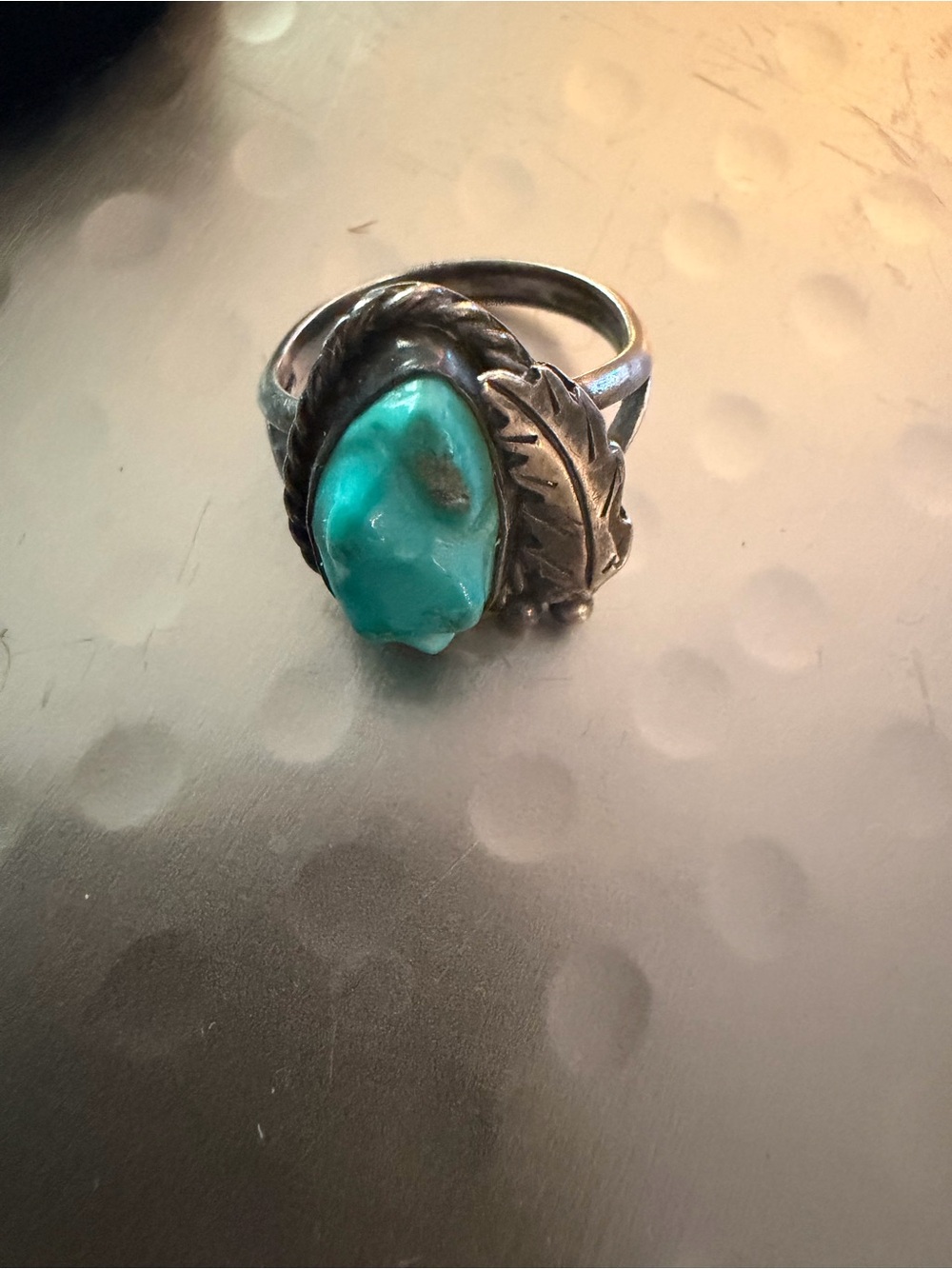 Turquoise Leaf-Accent Sterling-Style Ring - Teal Stone